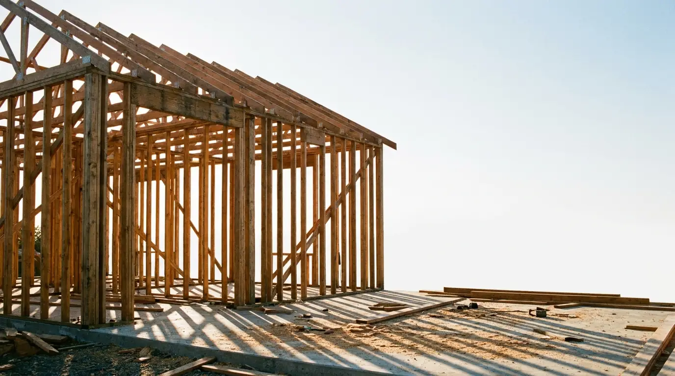 Wooden frame of house under construction on concrete foundation in bright sunlight