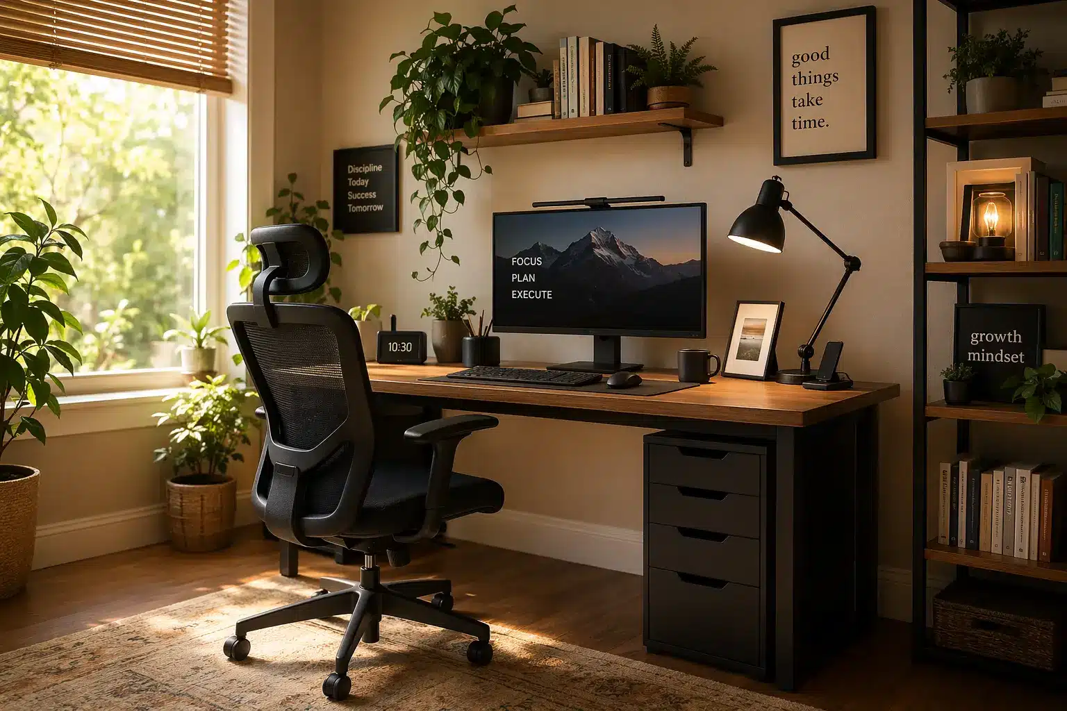 Modern home office with computer desk, ergonomic chair, indoor plants, and motivational wall art