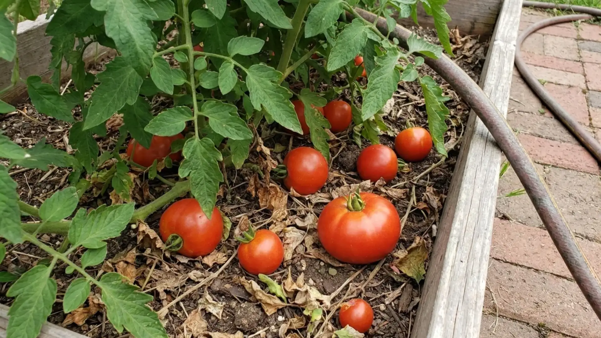 tomato plants growing beside cabbage with limited spacing in a crowded garden bed