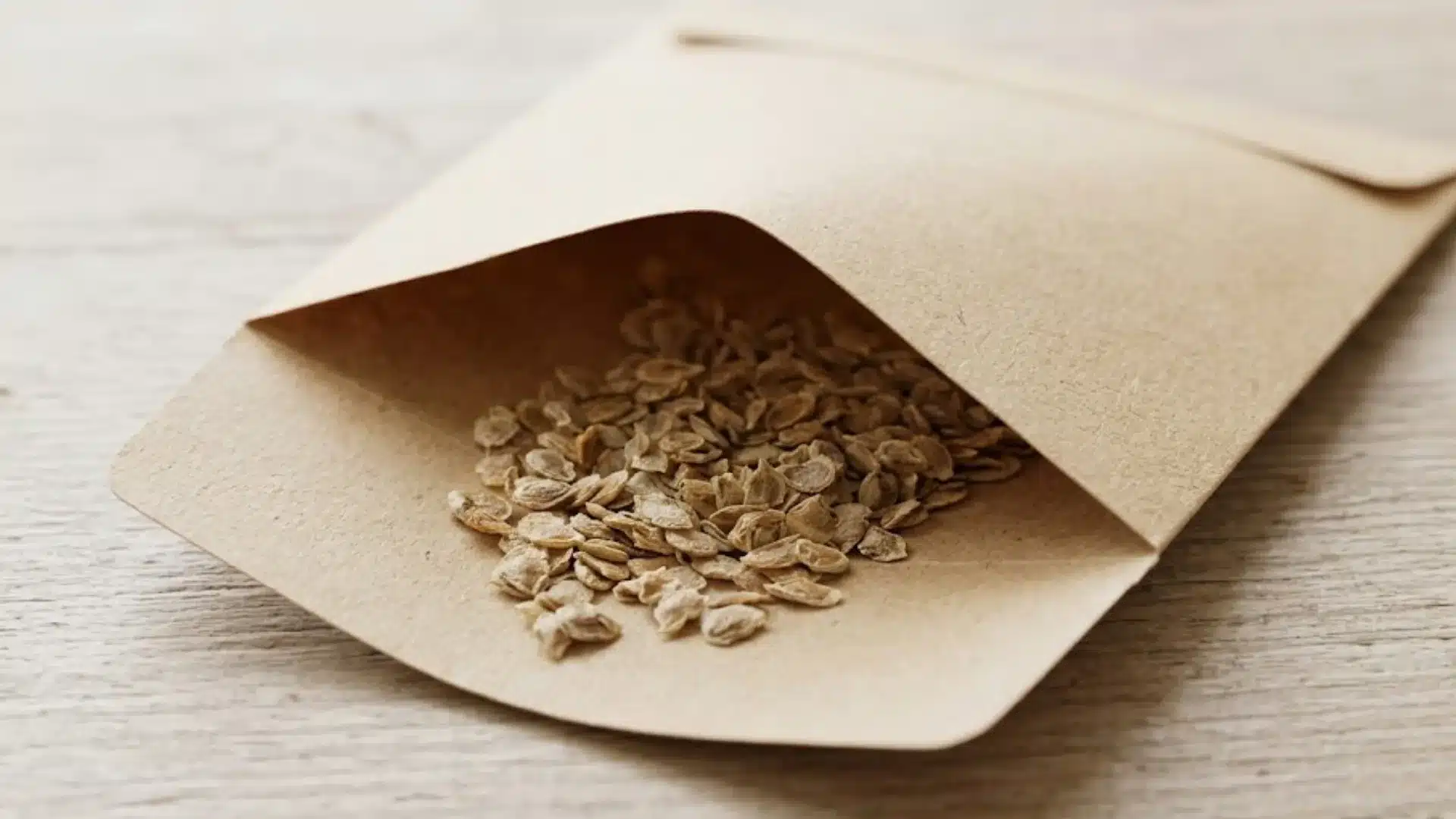 tomato seeds stored in an open brown paper envelope on a wooden surface for future planting