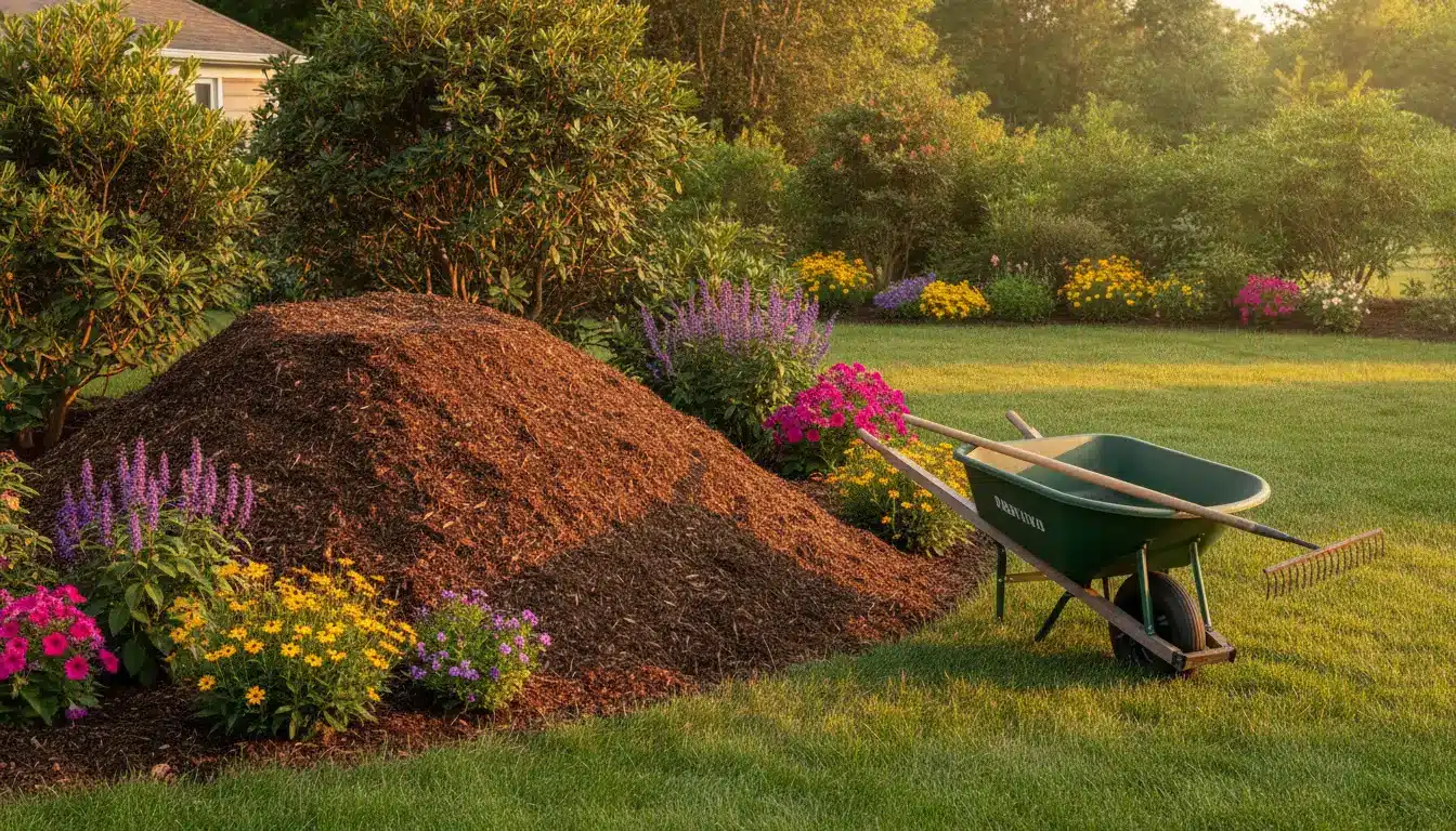 Mulch pile and green wheelbarrow with rake in garden surrounded by colorful flowers