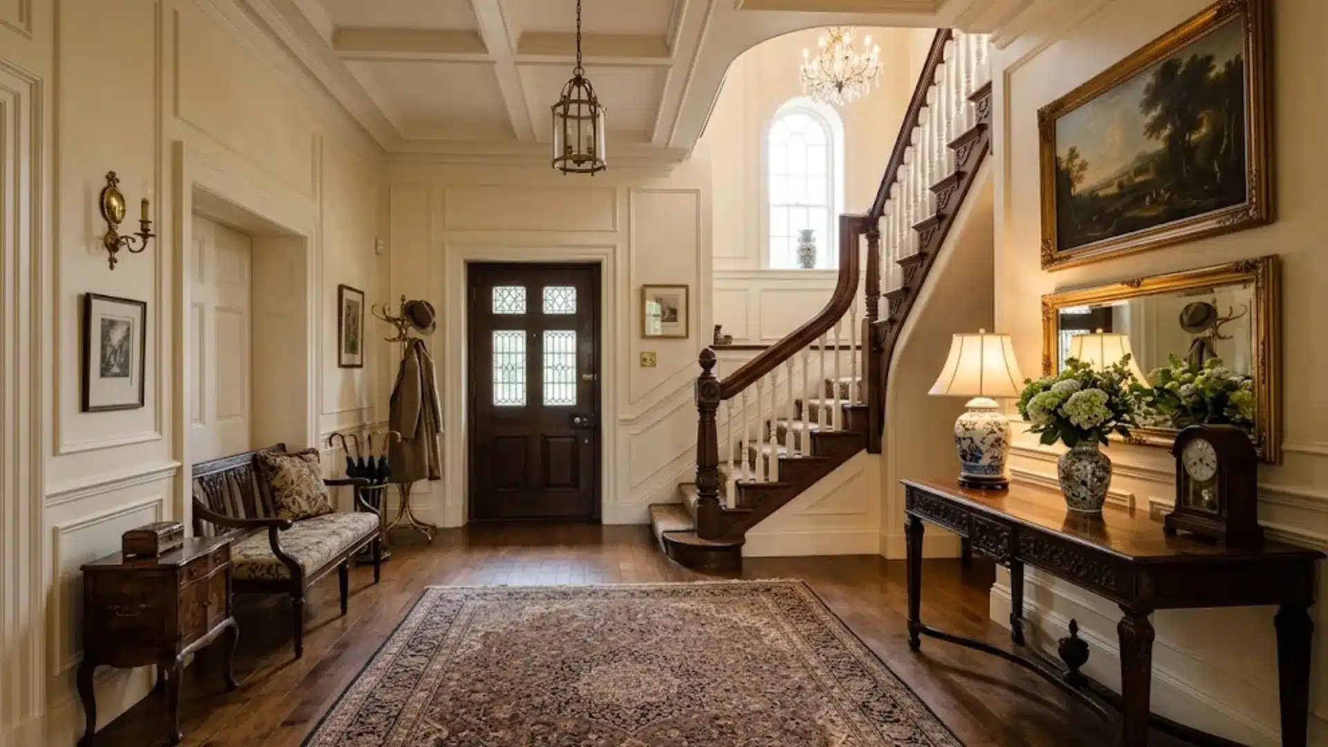 traditional foyer with wood staircase, console table, seating, rug, and classic decor