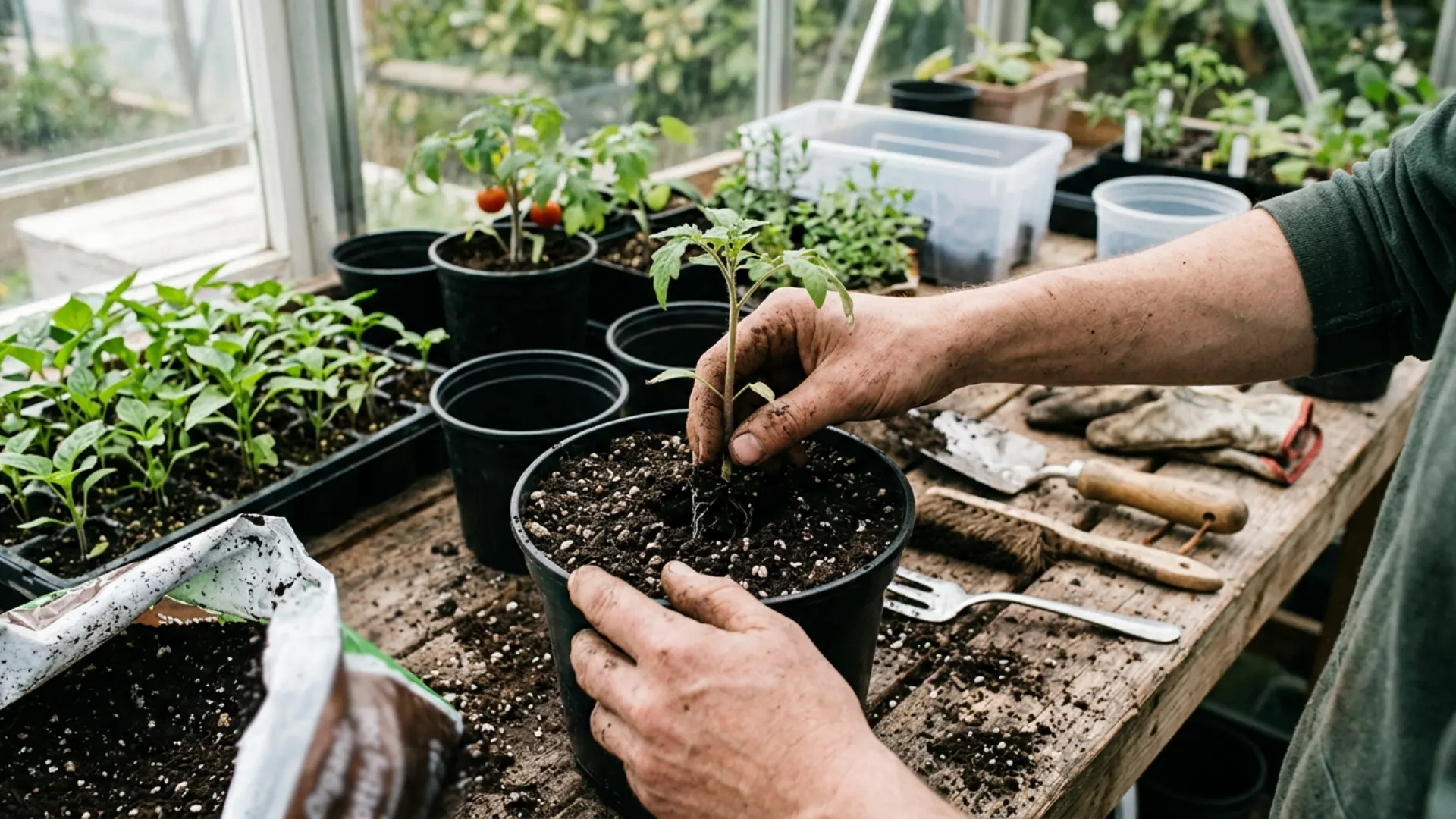 transplant of a young tomato plant into a soil-filled pot inside a greenhouse, surrounded by seedlings, gardening tools, and containers
