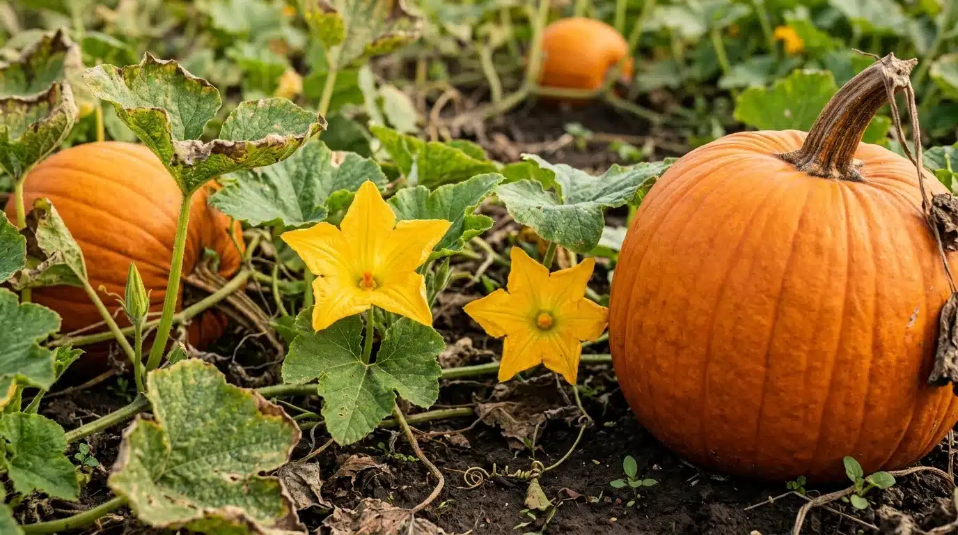 two orange pumpkins and two yellow blossoms among sprawling green leaves and vines in a garden bed