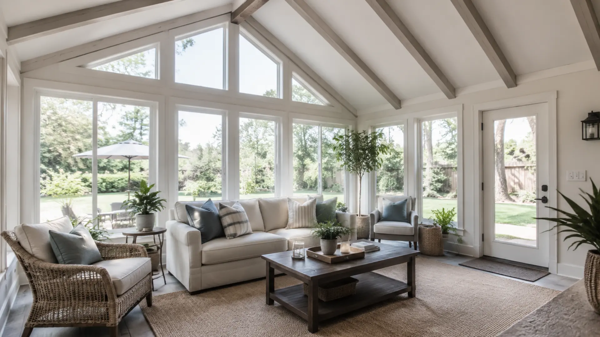 vaulted sunroom ceiling with exposed wood beams and floor to ceiling windows