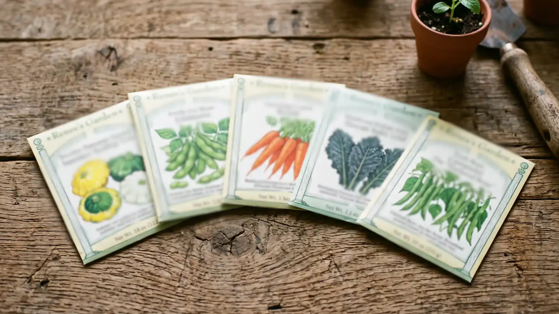 vegetable seed packets showing squash, beans, carrots, kale, and green beans lie on a wooden table beside a plant and trowel