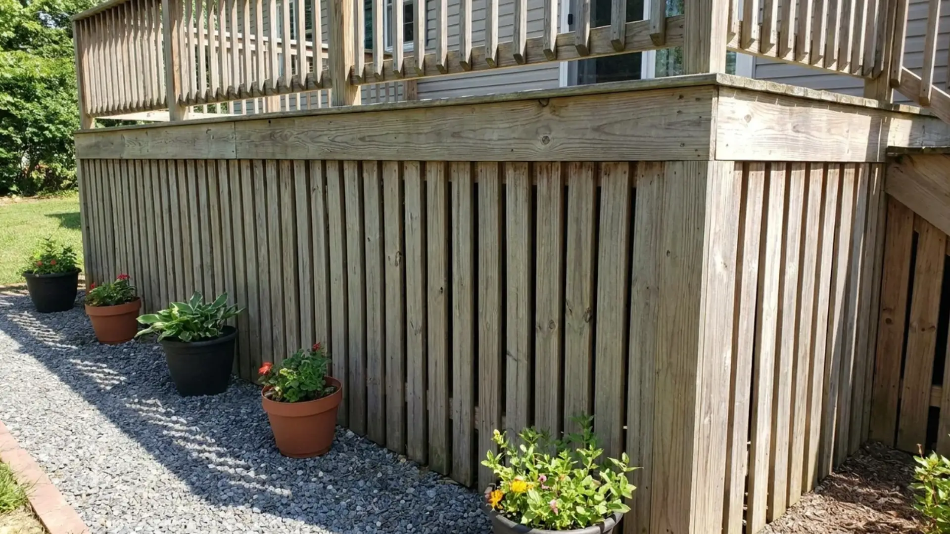 vertical board and batten deck skirting with potted flowers along gravel path
