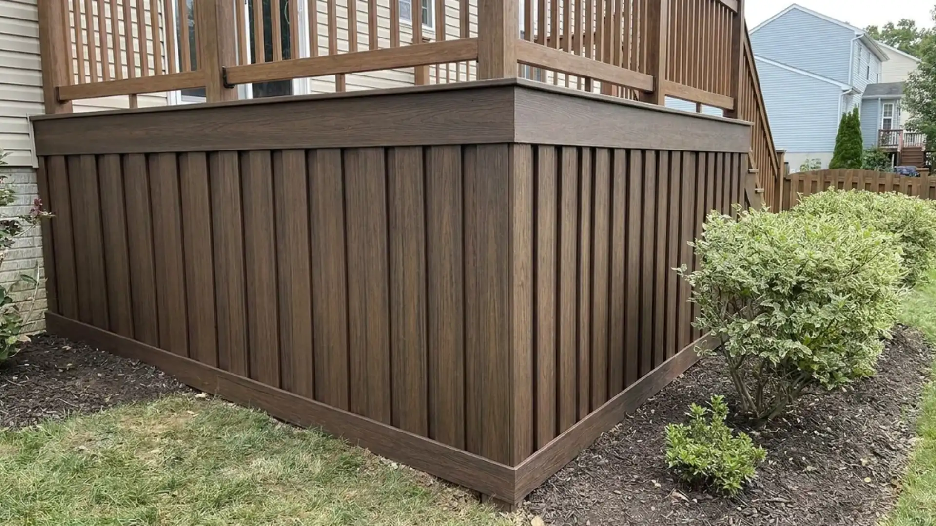 vertical composite board deck skirting in dark brown wood grain finish corner view
