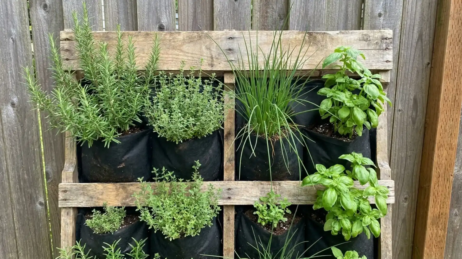 vertical pallet herb garden with rosemary thyme chives and basil growing in fabric pockets