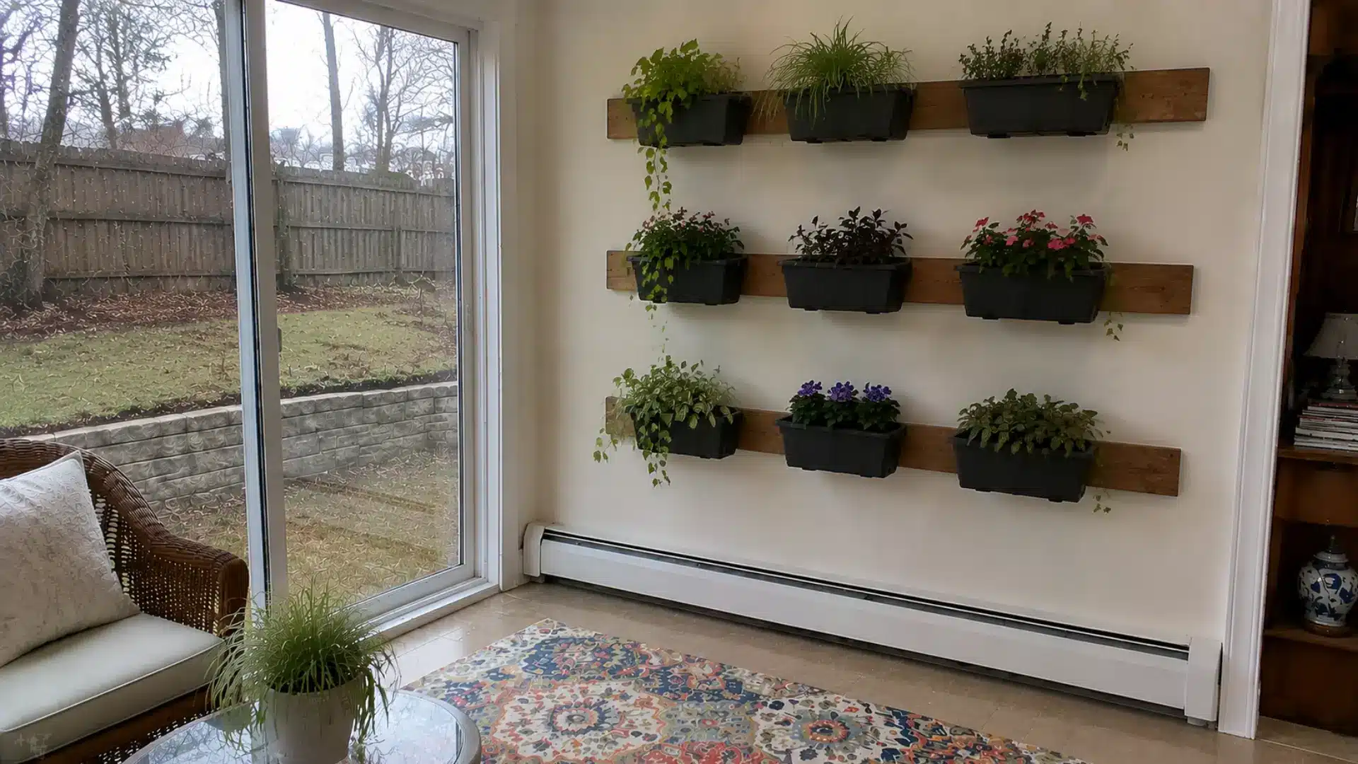 vertical planter wall with greenery and flowers mounted in a sunny sunroom corner