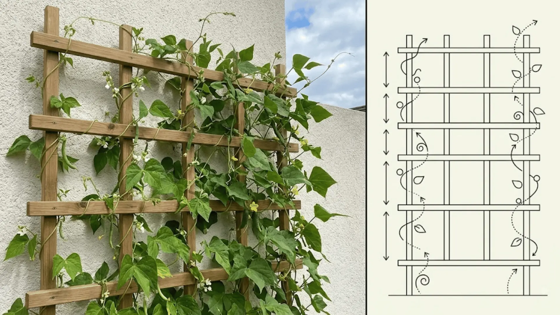 vertical trellis with climbing vegetables beside a trellis structure diagram