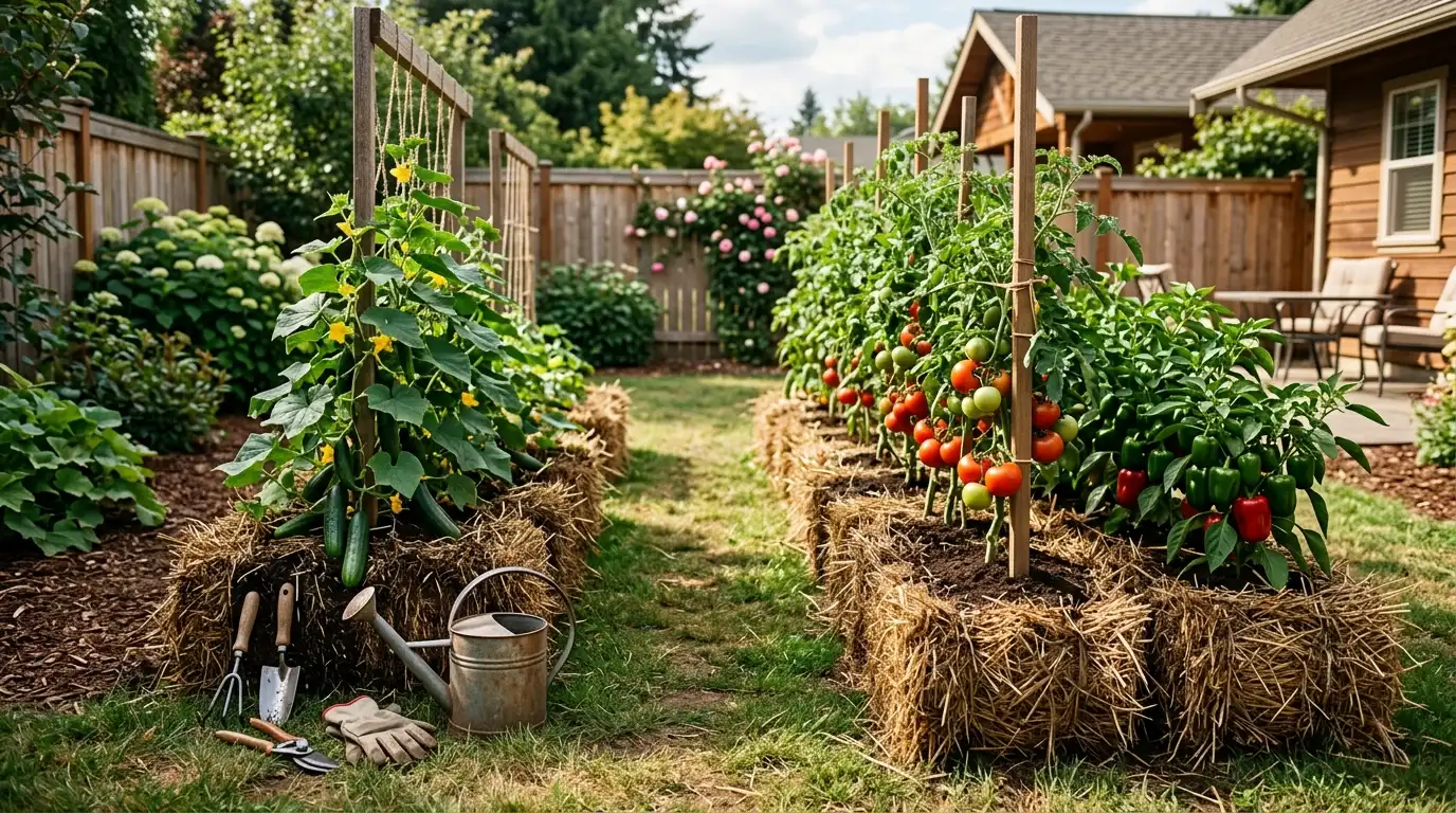 vibrant garden featuring hay bales surrounded by lush tomato plants ready for harvest