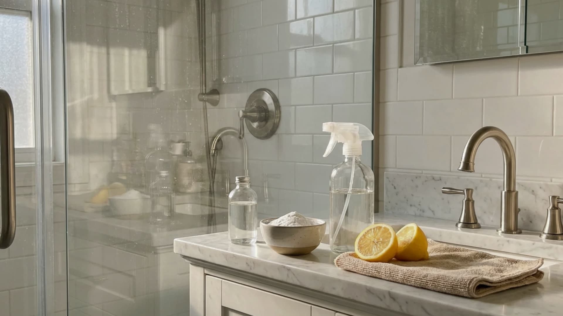 vinegar lemon baking soda and spray bottle arranged on bathroom counter near glass shower door