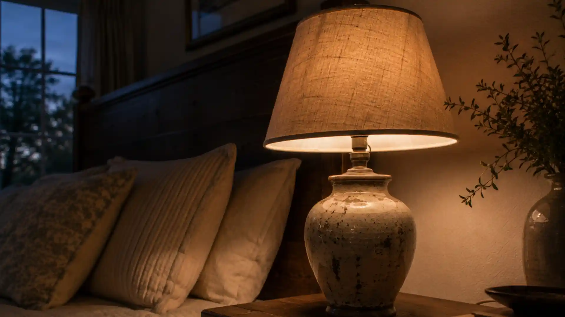 vintage ceramic lamp with worn base glowing on a wooden nightstand