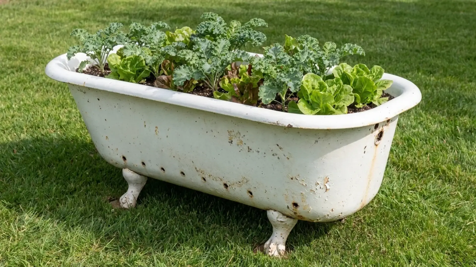 vintage clawfoot bathtub planter filled with leafy lettuce and kale on green lawn