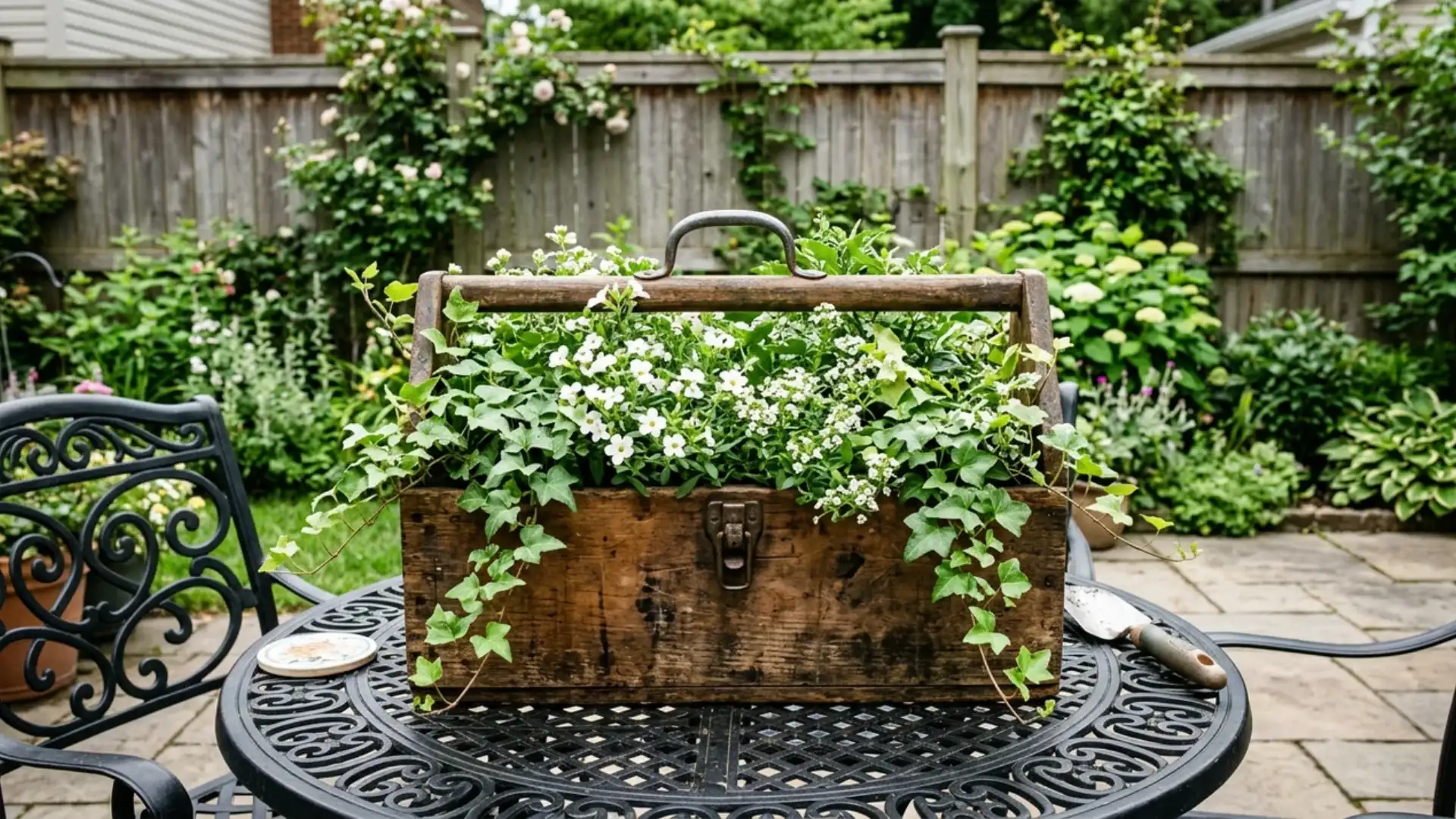 vintage wooden toolbox planter filled with trailing ivy and white flowers on outdoor patio table