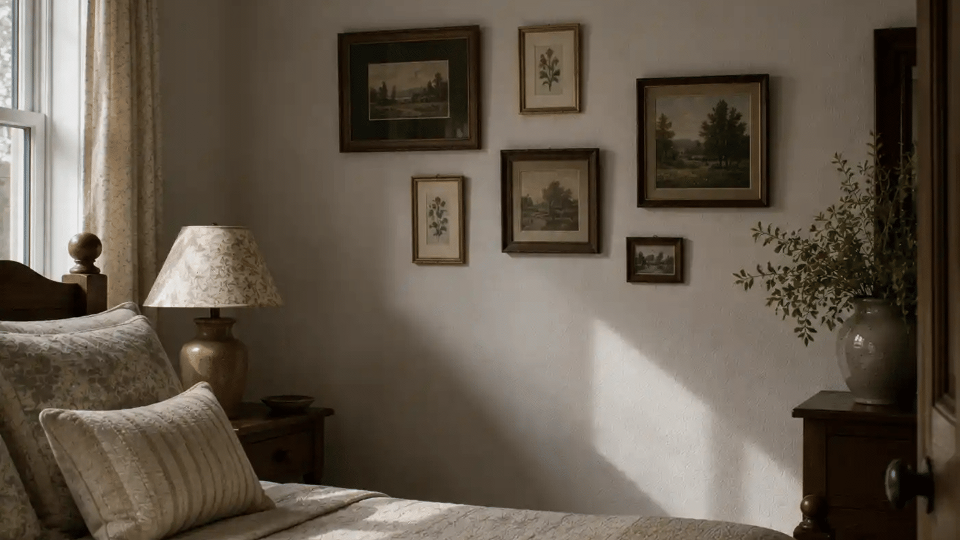 wall of mismatched framed artworks hung asymmetrically in bedroom
