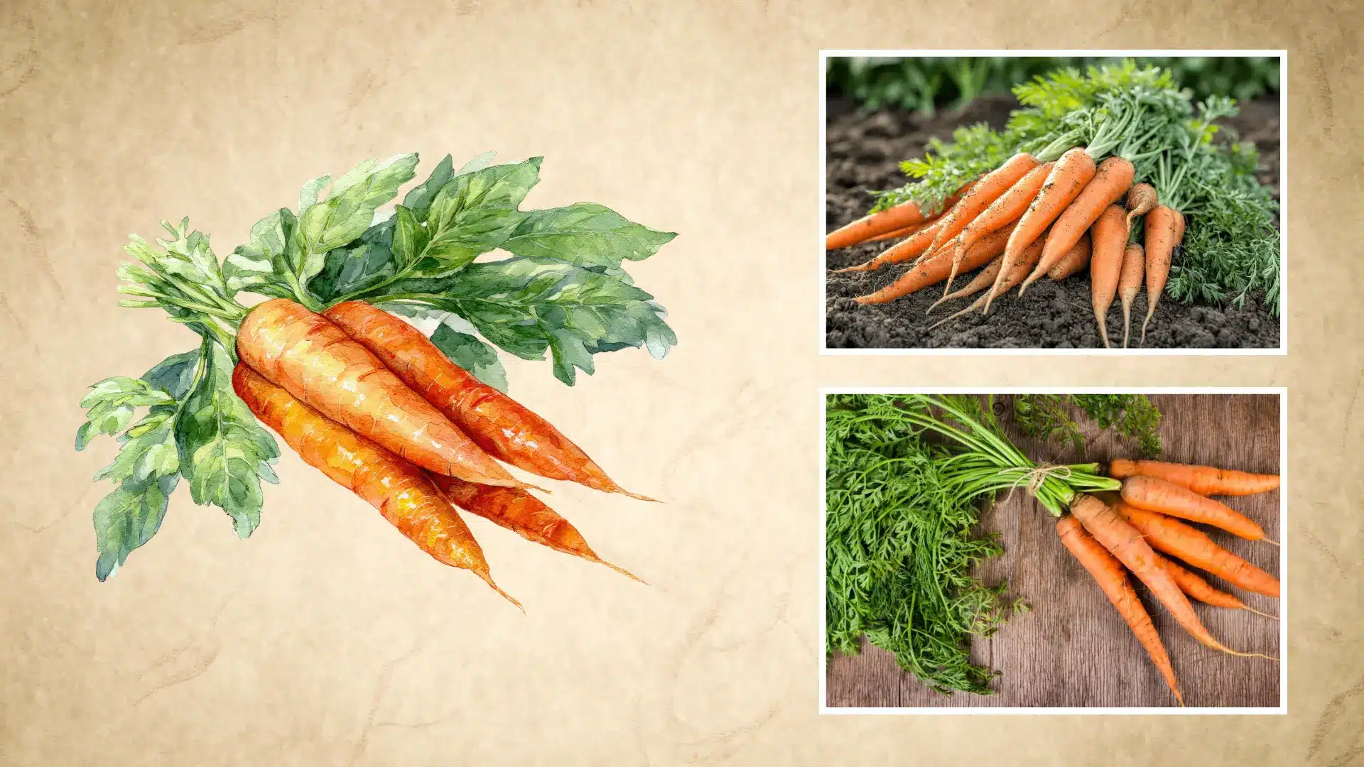 watercolor carrot illustration beside photos of freshly dug carrots in soil and bundled carrots on wood