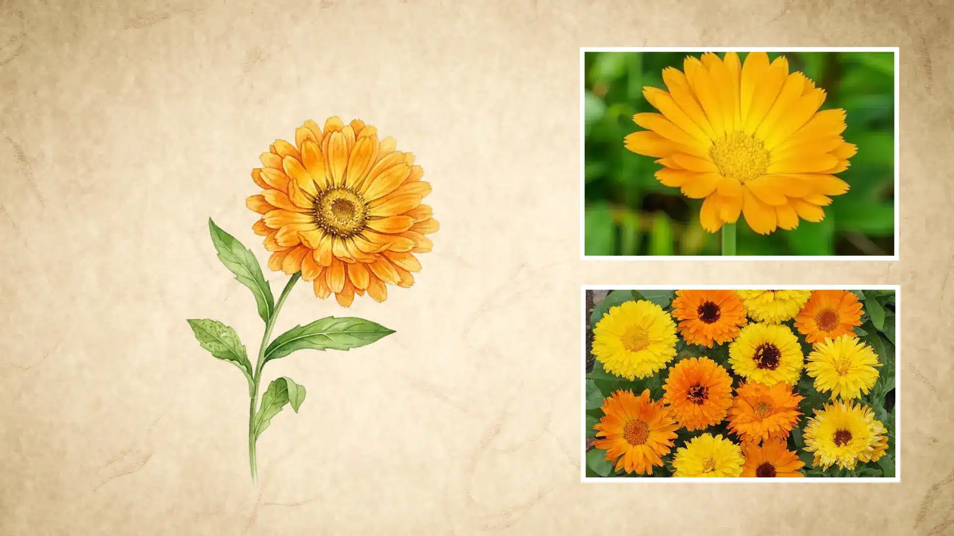 watercolor illustration of calendula beside real photos of orange and yellow blooms
