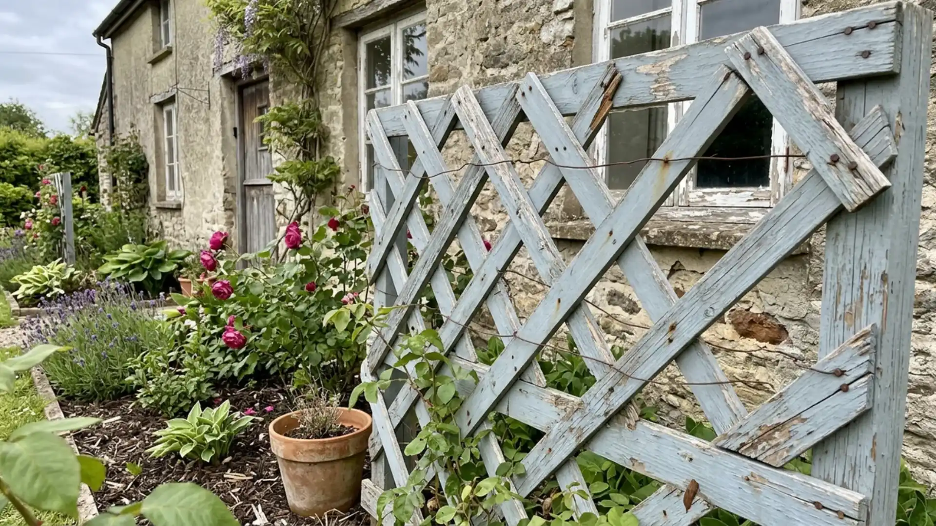 weathered blue lattice trellis with climbing roses against stone cottage garden wall