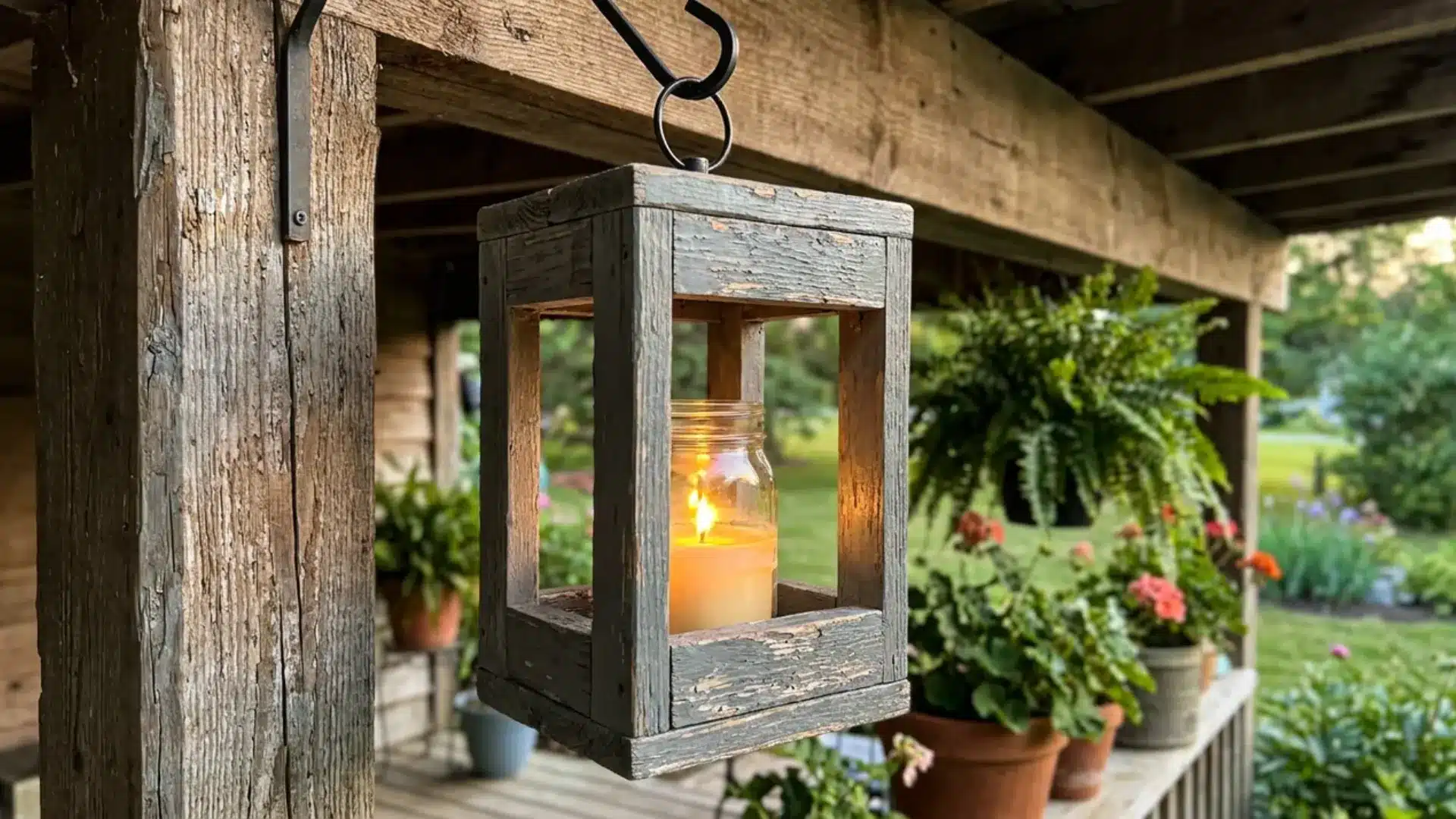 weathered wood lantern with glowing candle jar hanging on covered porch beam