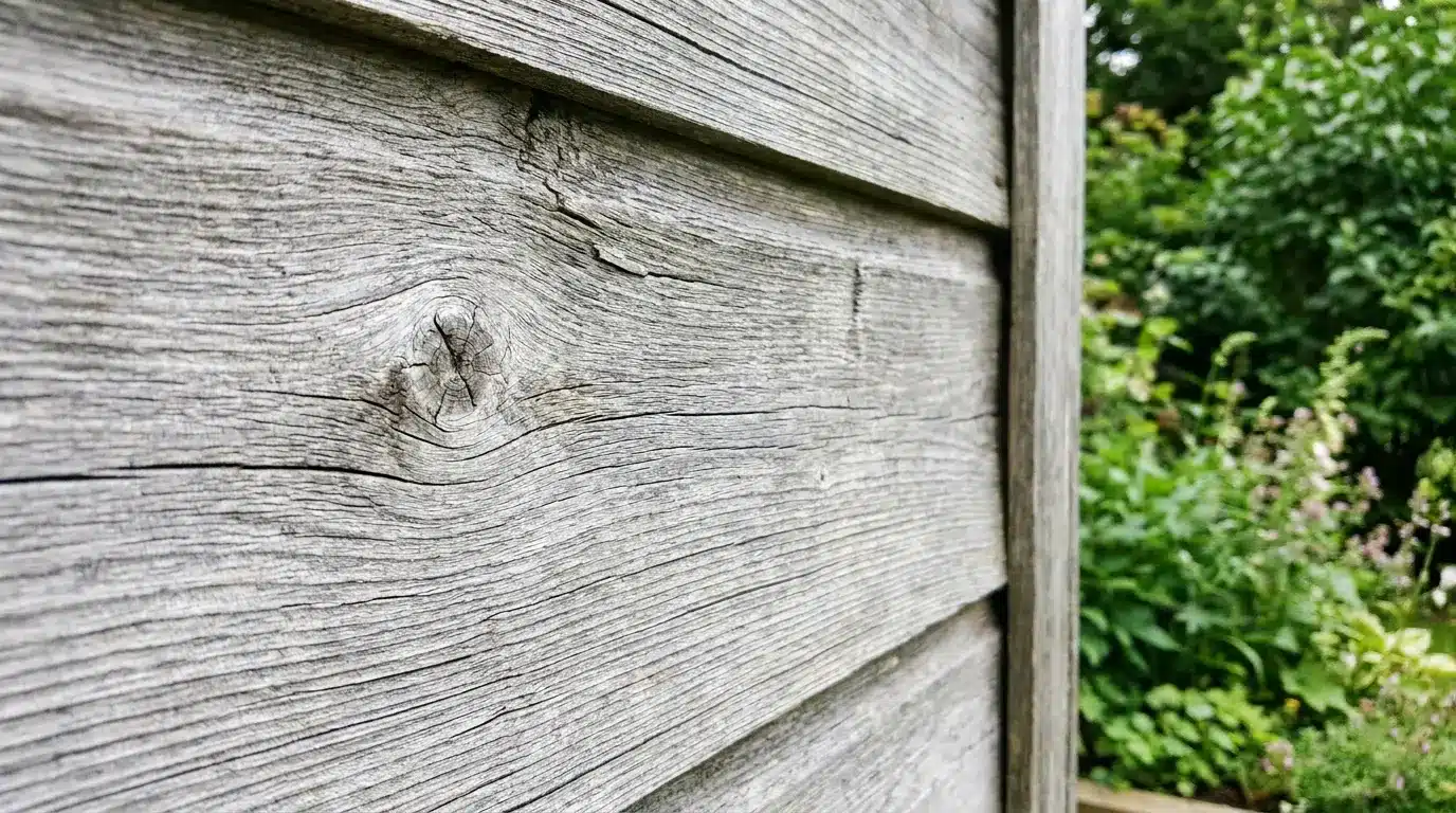 Aged wooden siding with visible grain next to lush green garden foliage