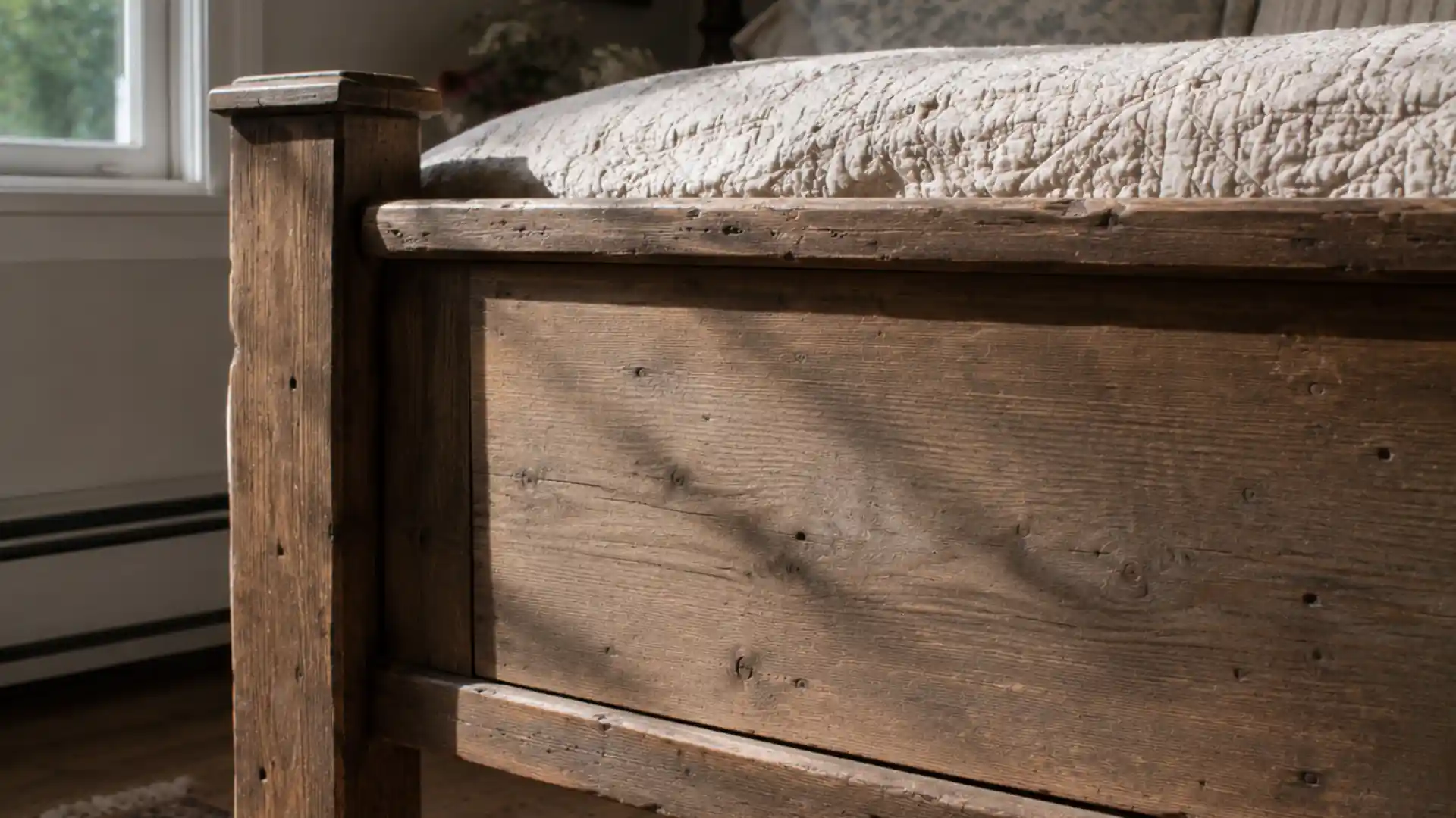 weathered wooden bed frame with visible grain and natural aging
