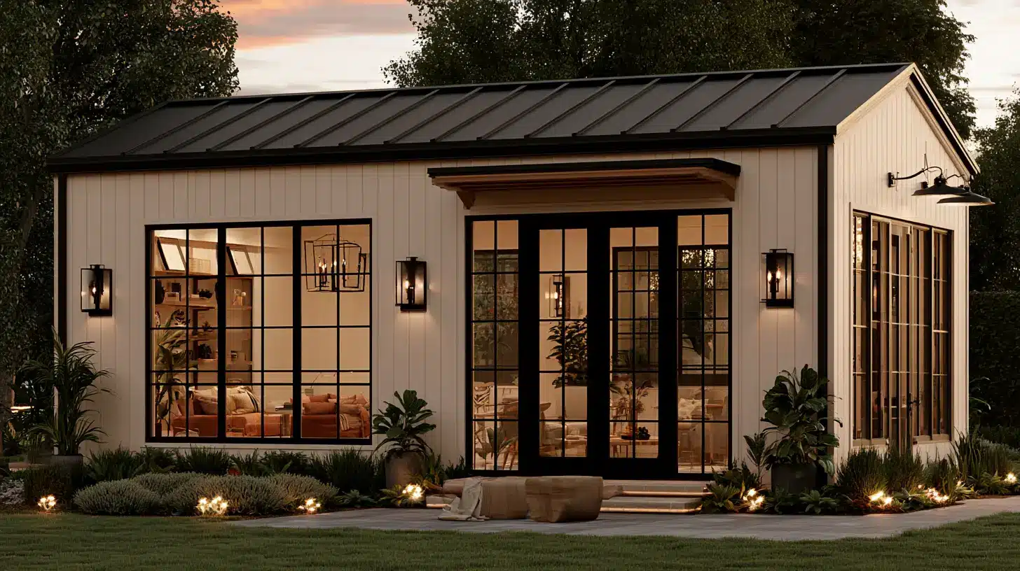 Modern backyard studio with large glass doors and warm interior lighting at dusk