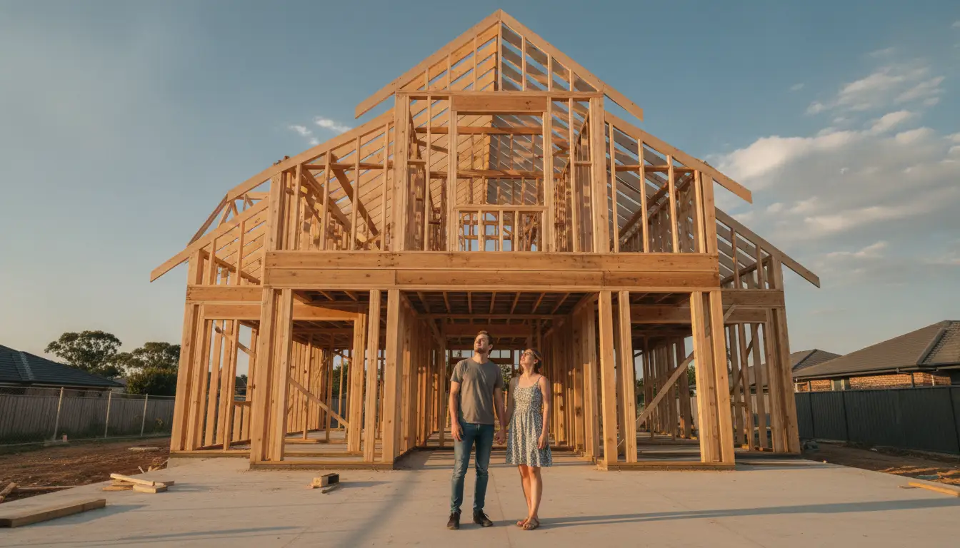 Couple standing in front of partially constructed wooden house frame at sunset
