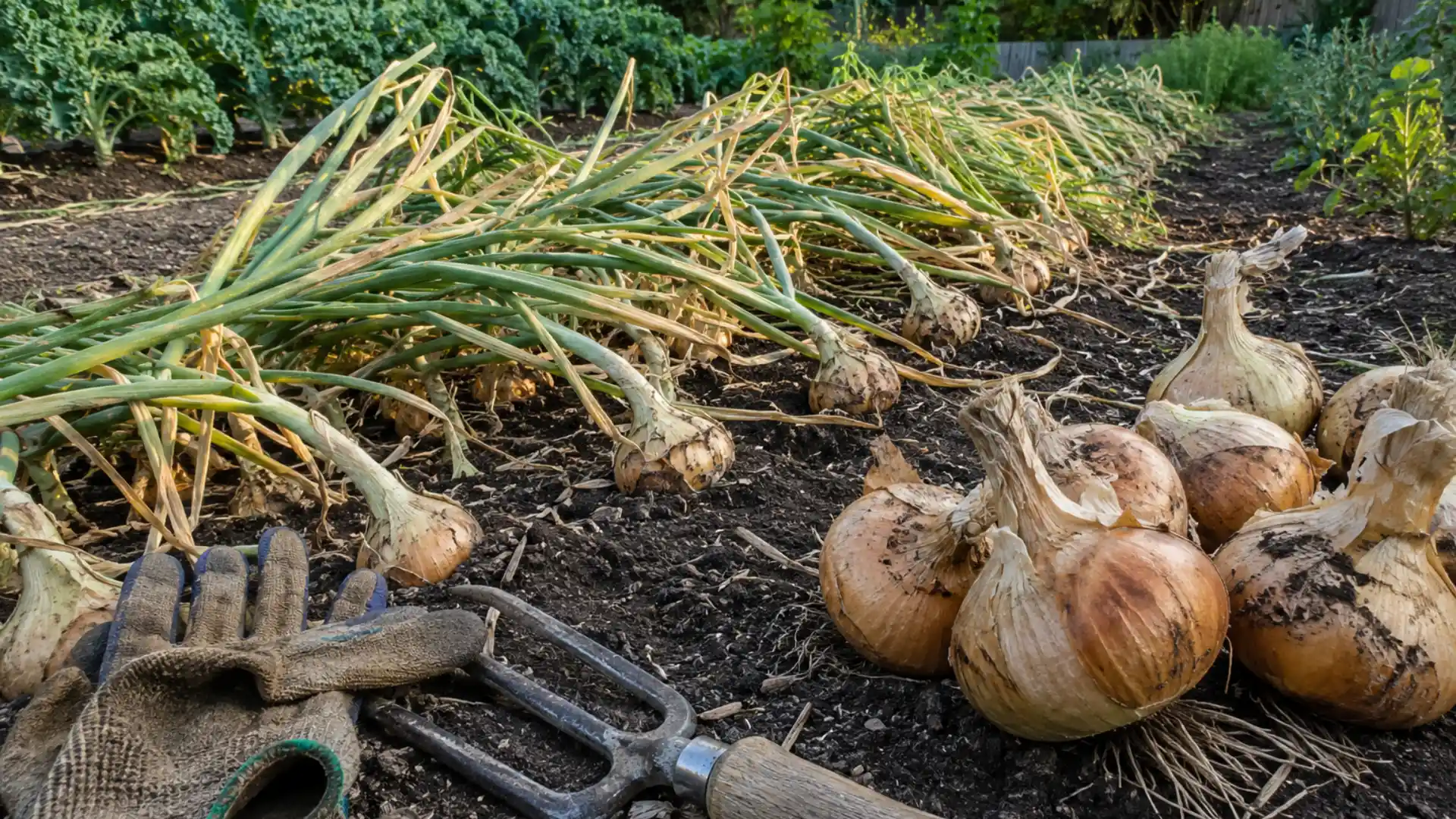 mature onion tops flopped over beside freshly harvested bulbs in garden