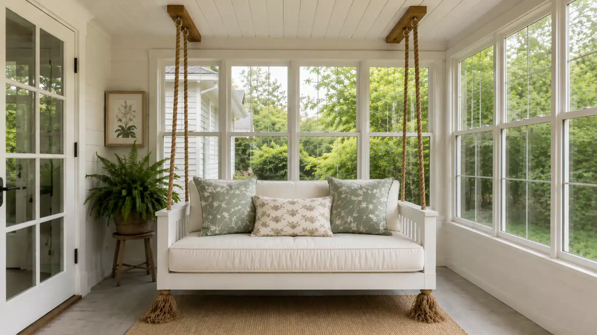 white daybed swing hanging from rope in a bright sunroom with green pillows and windows