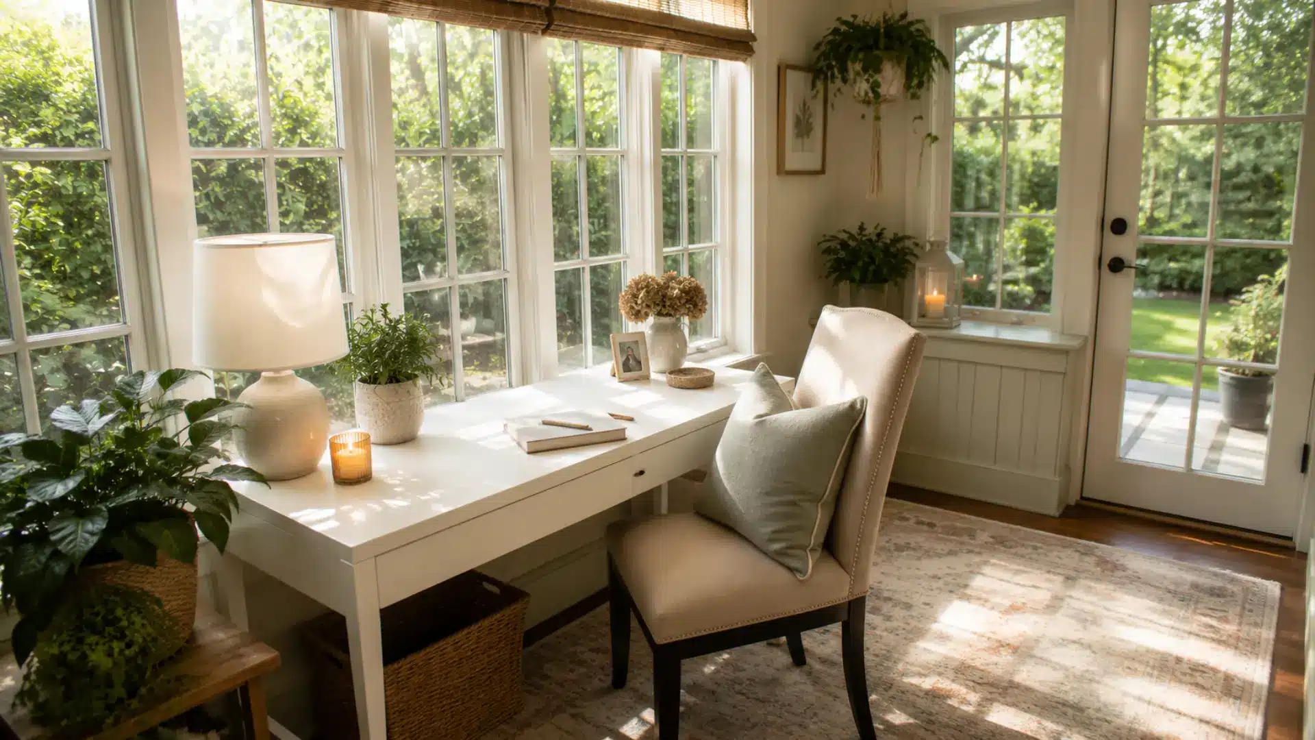 white desk and upholstered chair set up as a home office corner in a bright sunroom