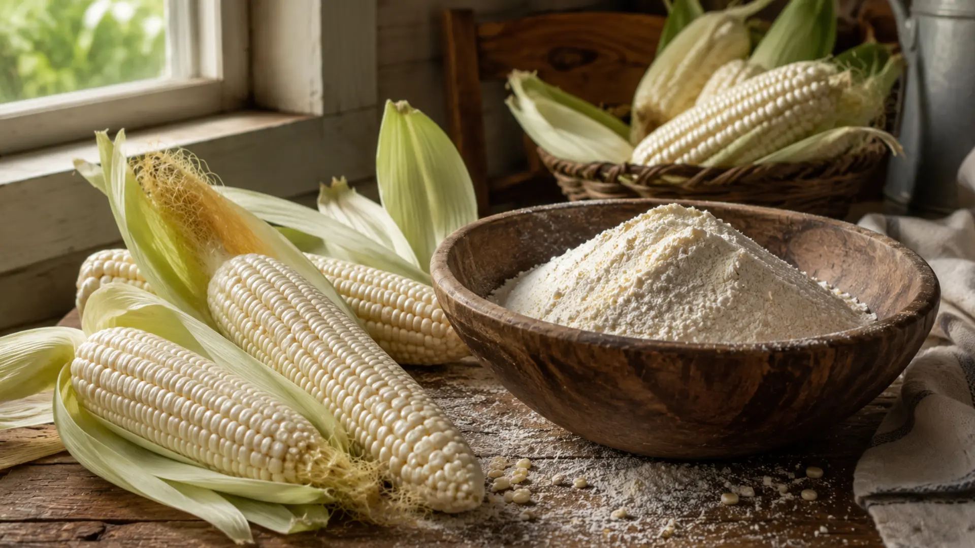 white flour corn beside freshly ground corn flour in a rustic kitchen with natural daylight