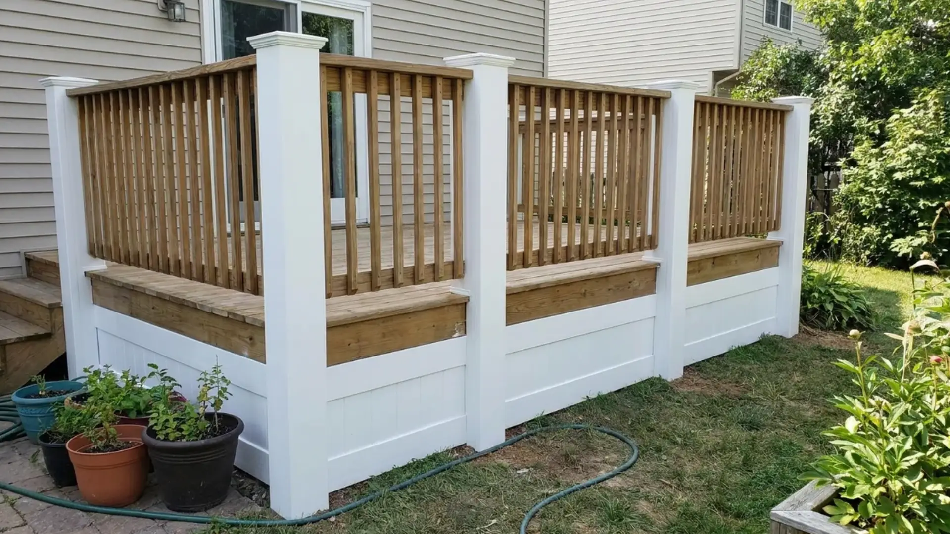 white pvc trim wrapped deck posts and skirting with wood railing above