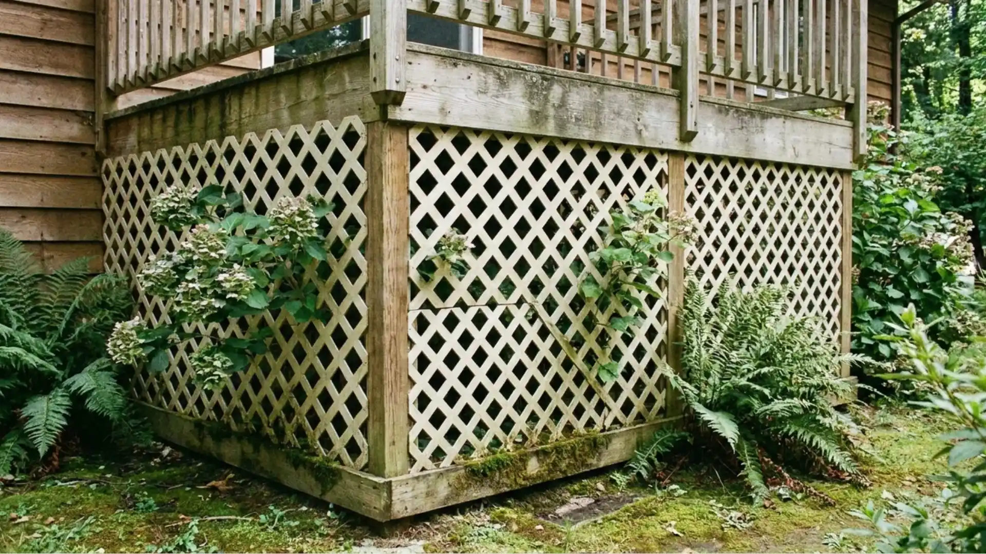 white vinyl lattice deck skirting corner with ferns and hydrangeas