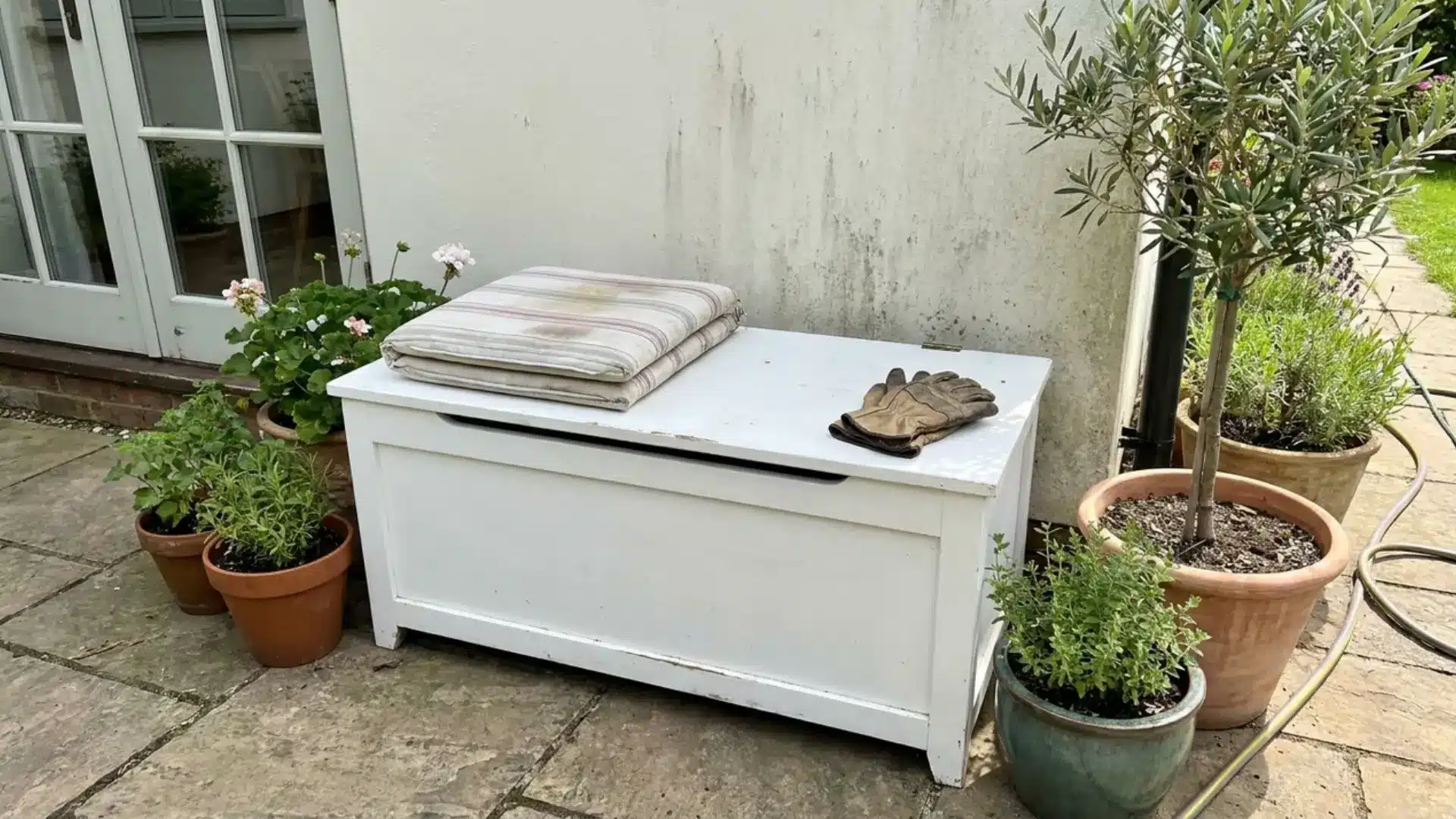 white wooden storage bench with folded cushion and gloves beside potted plants