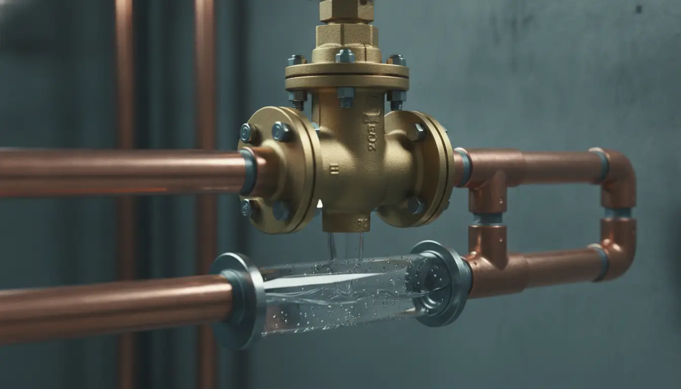 Brass valve with copper pipes and transparent section showing water flow in industrial setting