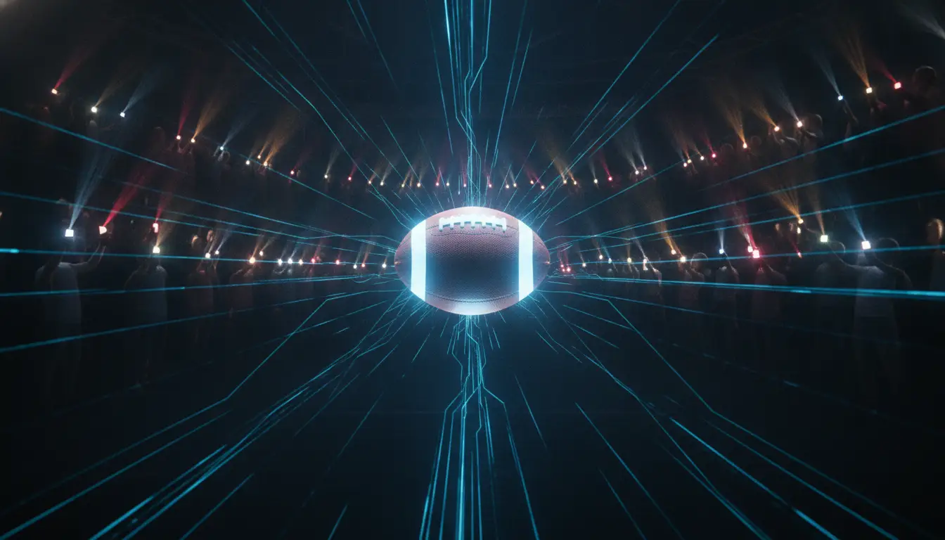 Illuminated football with beams of light in dark stadium setting
