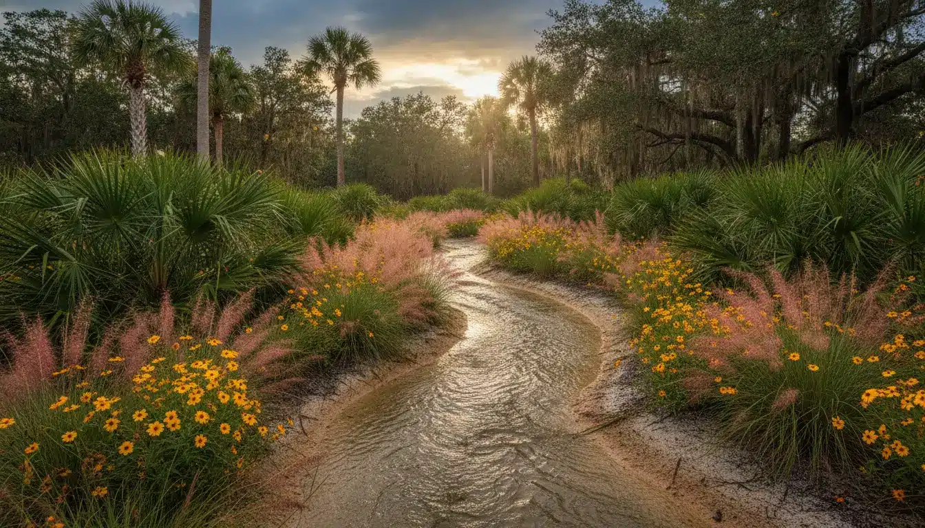 Winding stream through lush landscape with palm trees and flowers at sunset