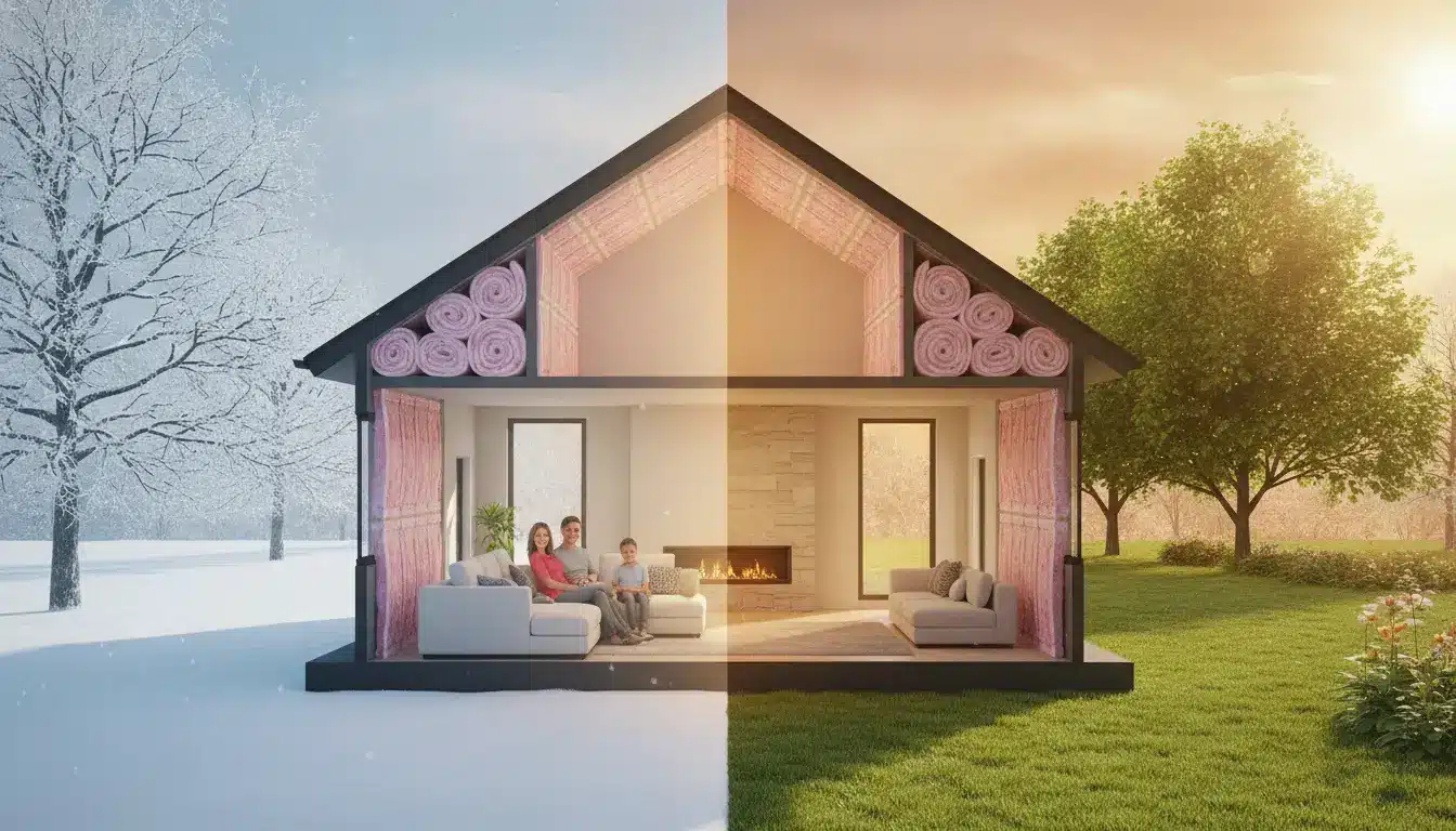 Split-view of house showing winter and summer scenes, with insulation visible, family inside on couch