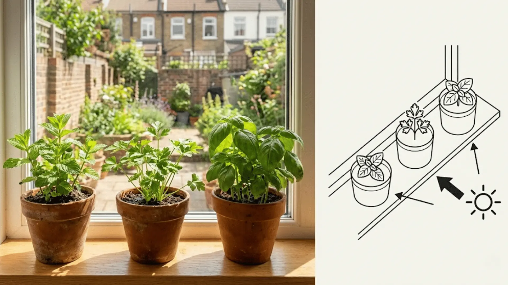 windowsill herb pots beside a sunlight and pot placement diagram