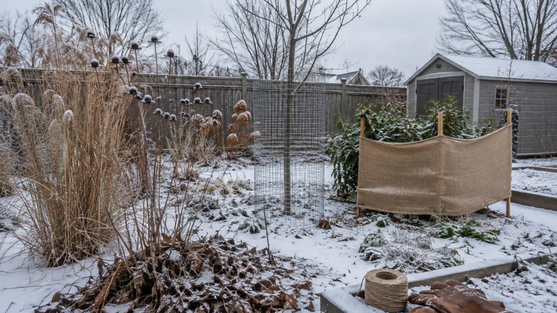 winter garden bed with dried seedheads, tree guard, and light snow cover
