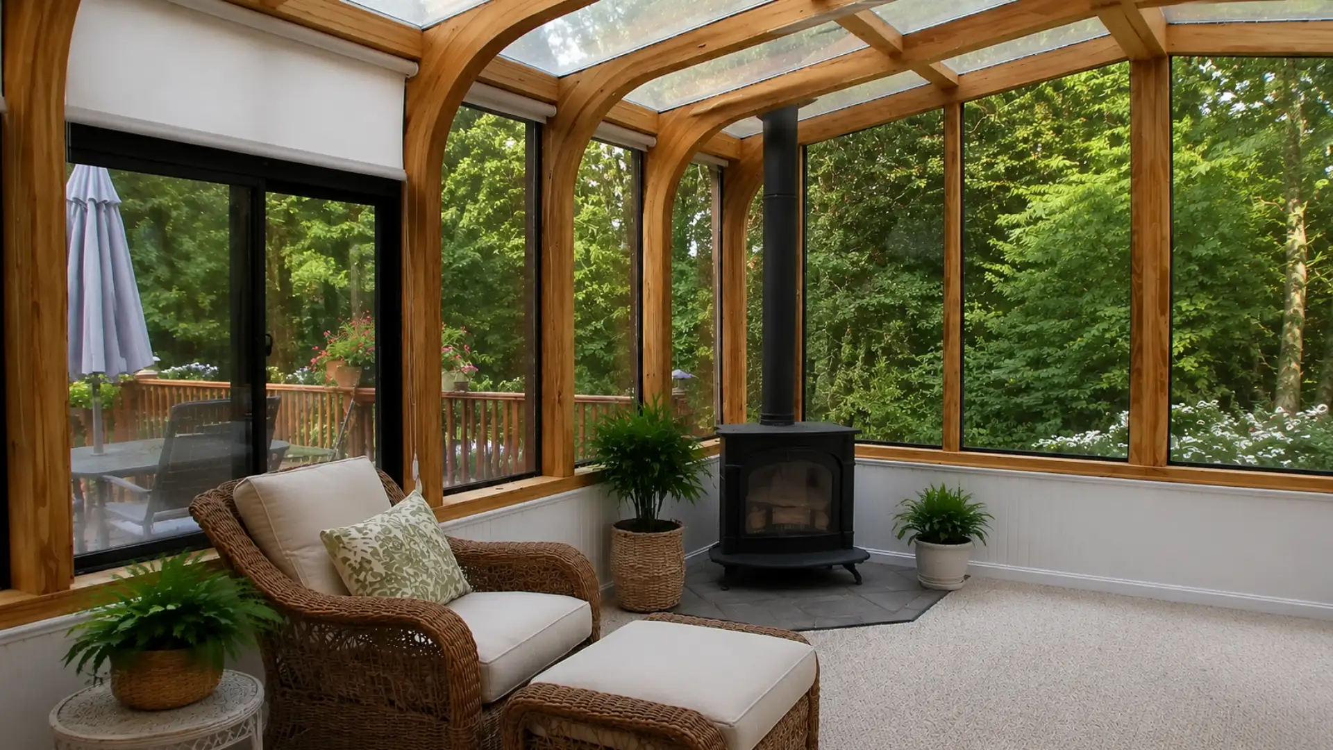 wood beamed sunroom with a black freestanding fireplace and wicker armchair