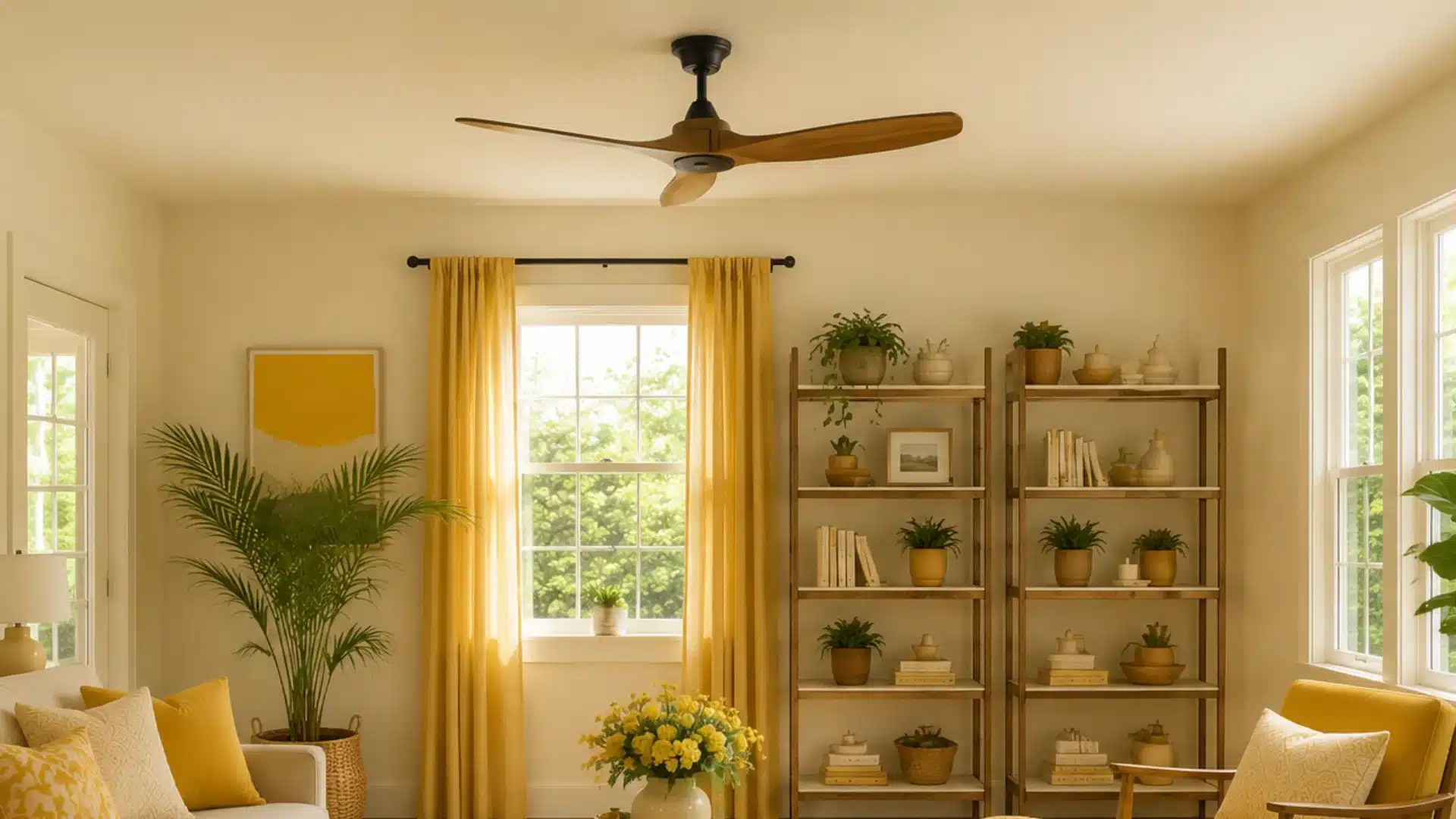 wood blade ceiling fan above a yellow toned sunroom with shelves and plants