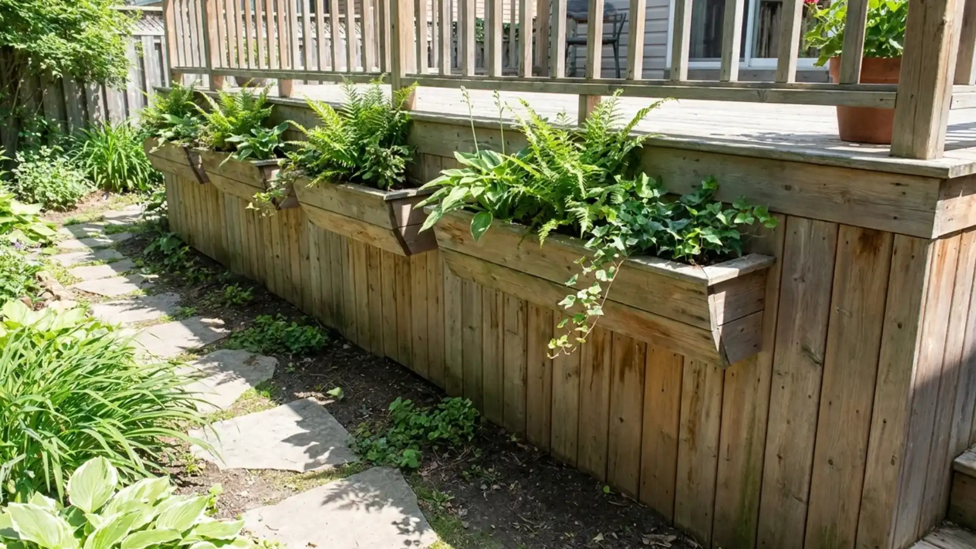 wood deck skirting with built in planter boxes filled with ferns and ivy