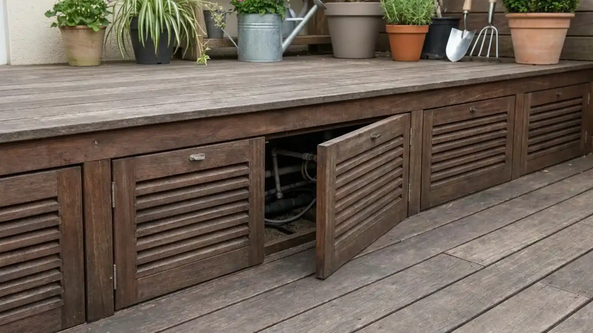 wood deck skirting with hinged utility access panels open on gravel base