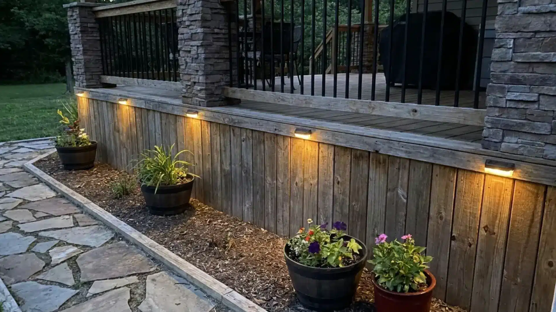 wood deck skirting with solar accent lights along top edge and stone pillars