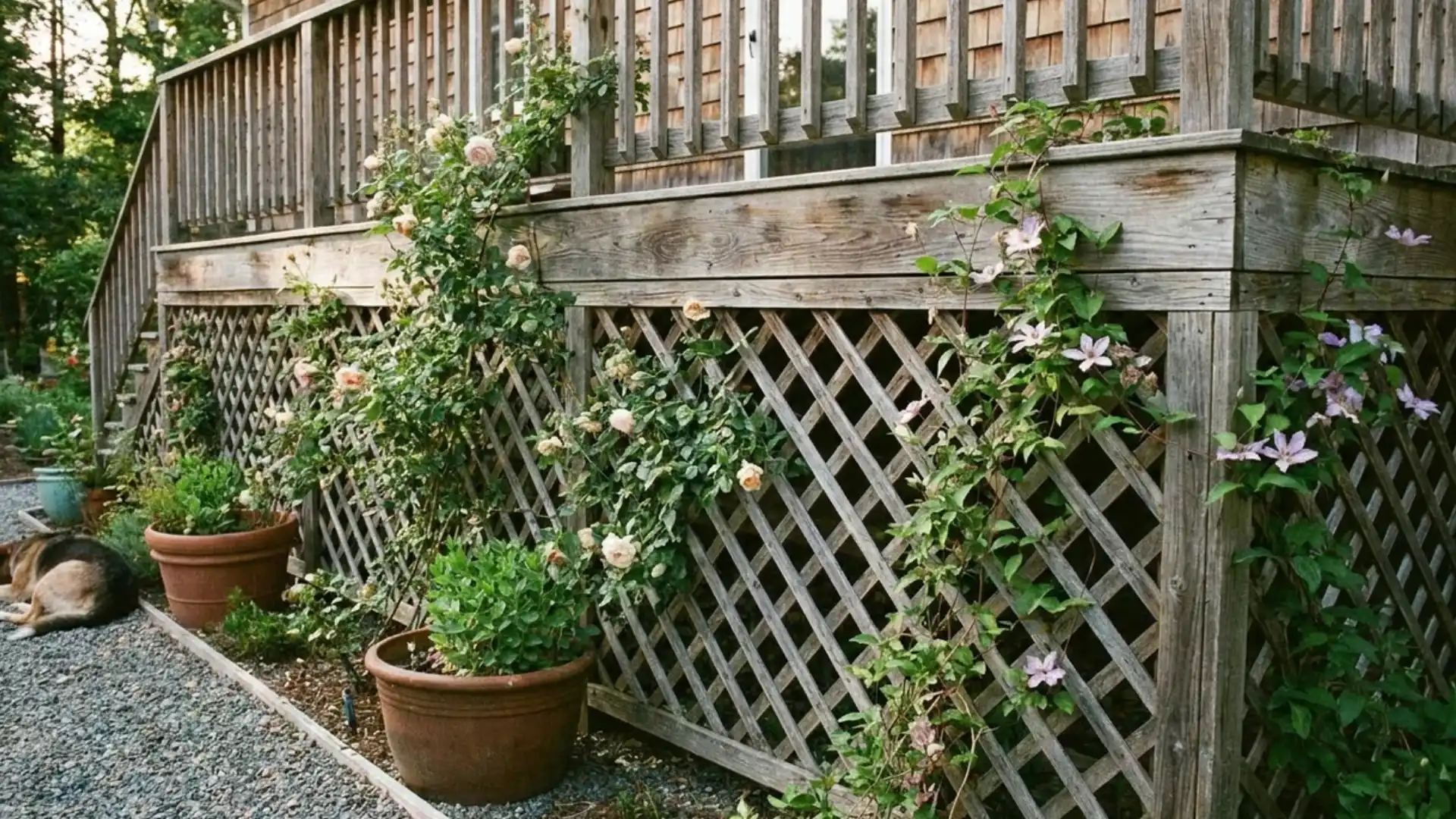 wood lattice deck skirting with climbing roses and clematis vines