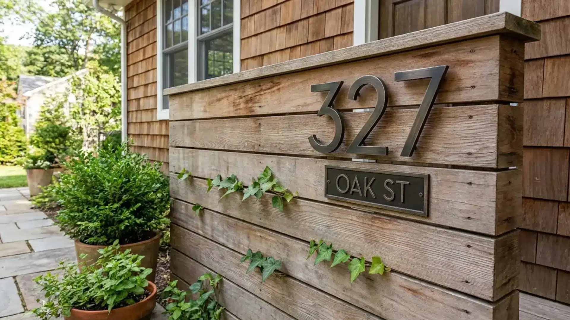 wood skirting accent panel with metal house number and street name plaque