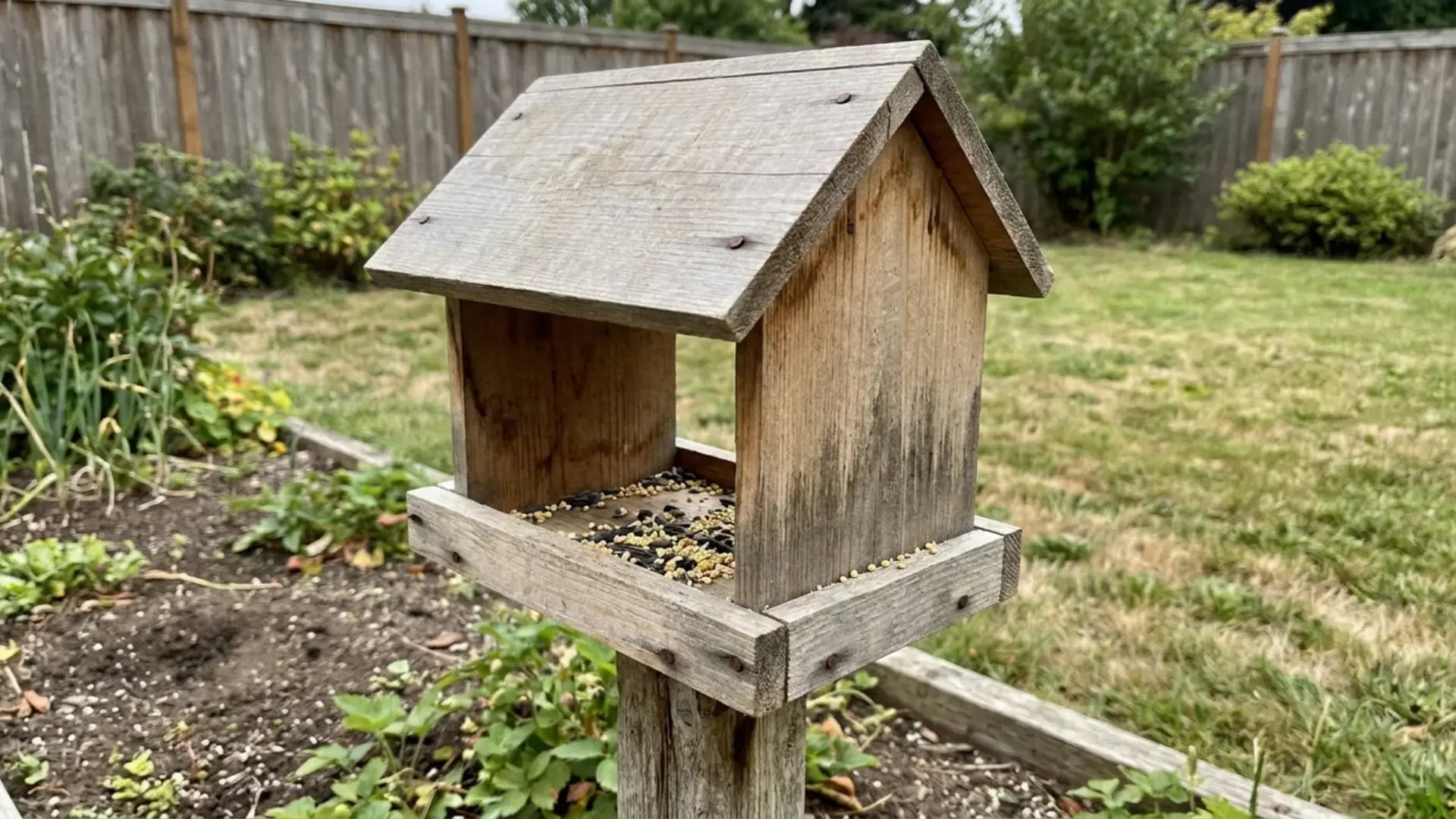 wooden bird feeder house with open front and birdseed tray on garden post